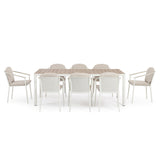 Ulises 9 darabos kültéri étkezőgarnitúra fehér vázzal és bézs székekkel – szemből nézet