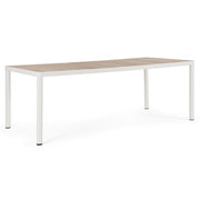 Ulises fehér alumínium kerti étkezőasztal fahatású asztallappal – perspektivikus nézet