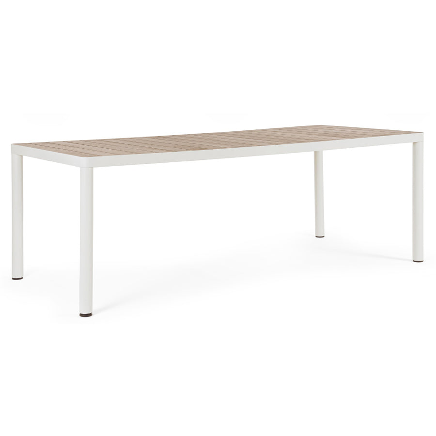 Ulises fehér alumínium kerti étkezőasztal fahatású asztallappal – perspektivikus nézet