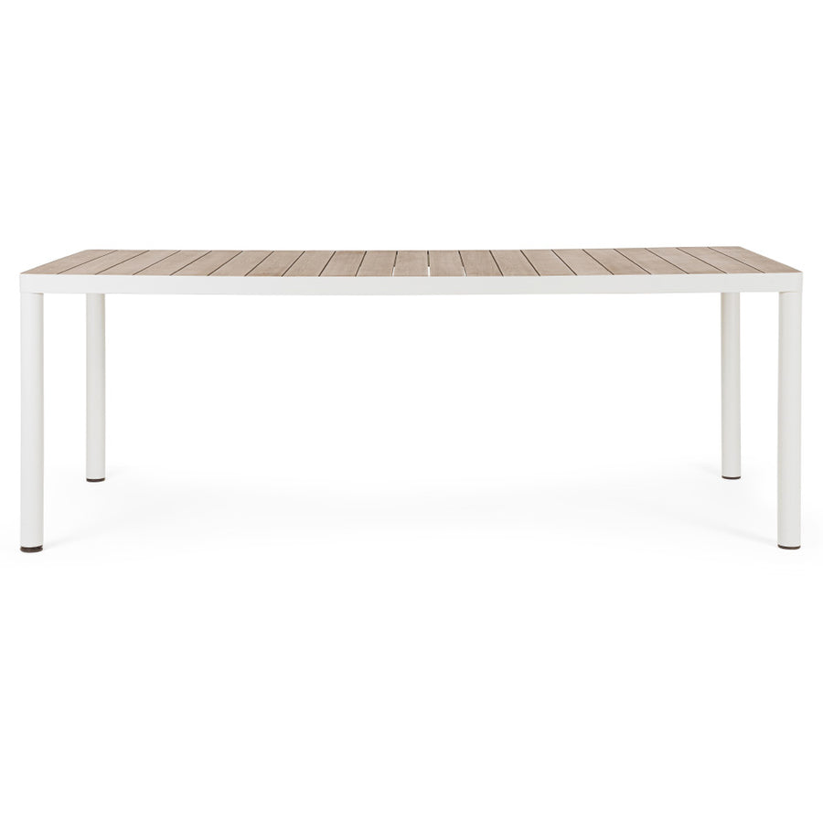 Ulises kerti étkezőasztal fahatású alumínium asztallappal – frontális nézet