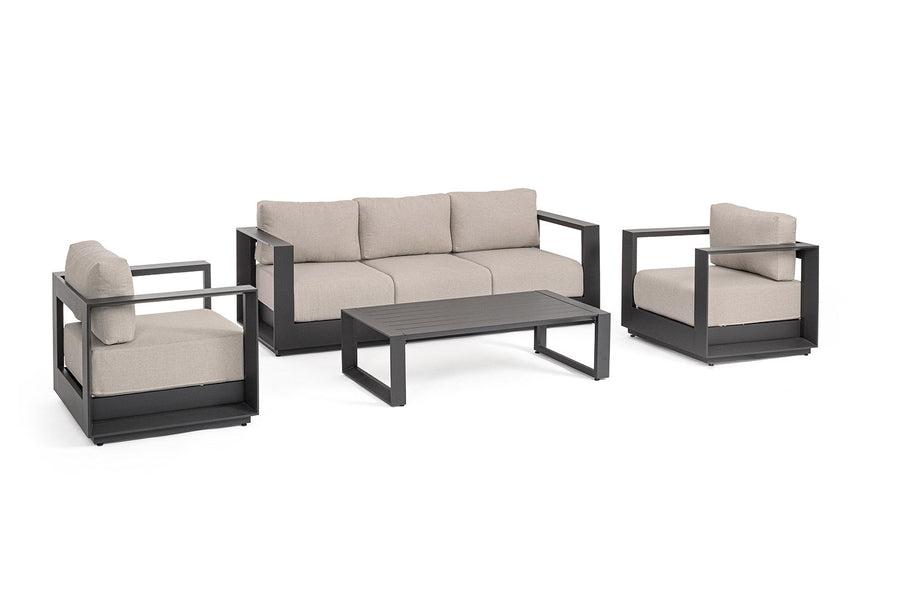 Kortárs grafitszürke színű porszórt alumíniumból készült, kerti ülőgarnitúra homokszínű párnákkal.