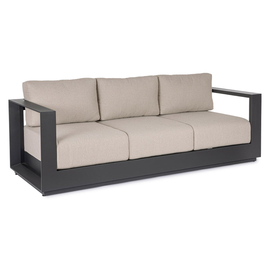 Kortárs grafitszürke színű porszórt alumíniumból készült, kerti ülőgarnitúra homokszínű párnákkal.