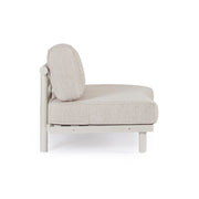 Kortárs bézs alumíniumból készült, kerti ülőgarnitúra homokszínű ülő- és hátpárnákkal.