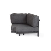 Kortárs fekete alumíniumból készült, kerti ülőgarnitúra grafitszürke ülő- és hátpárnákkal.