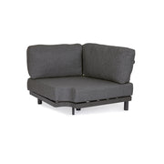 Kortárs fekete alumíniumból készült, kerti ülőgarnitúra grafitszürke ülő- és hátpárnákkal.