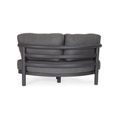 Kortárs fekete alumíniumból készült, kerti ülőgarnitúra grafitszürke ülő- és hátpárnákkal.