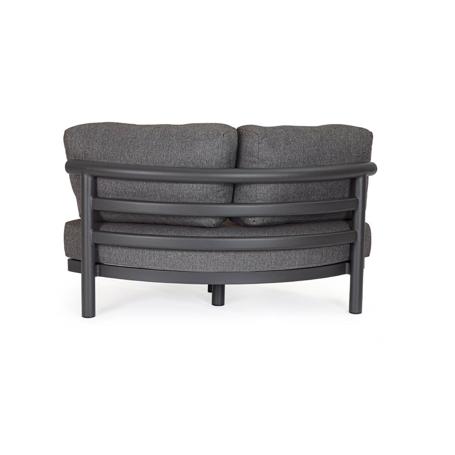 Kortárs fekete alumíniumból készült, kerti ülőgarnitúra grafitszürke ülő- és hátpárnákkal.