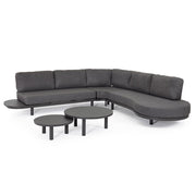 Kortárs fekete alumíniumból készült, kerti ülőgarnitúra grafitszürke ülő- és hátpárnákkal.