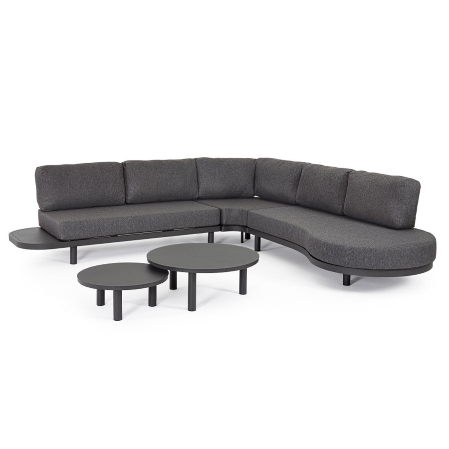 Kortárs fekete alumíniumból készült, kerti ülőgarnitúra grafitszürke ülő- és hátpárnákkal.