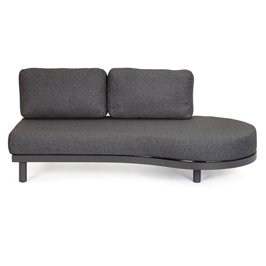 Kortárs fekete alumíniumból készült, kerti ülőgarnitúra grafitszürke ülő- és hátpárnákkal.