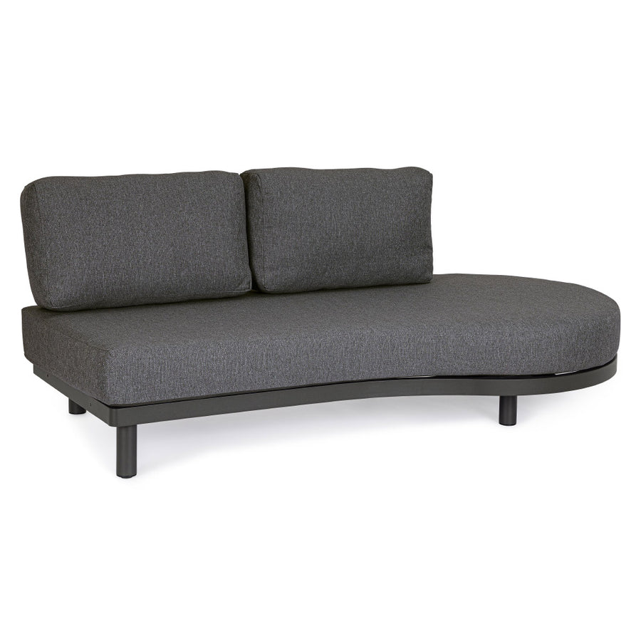 Kortárs fekete alumíniumból készült, kerti ülőgarnitúra grafitszürke ülő- és hátpárnákkal.