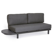 Kortárs fekete alumíniumból készült, kerti ülőgarnitúra grafitszürke ülő- és hátpárnákkal.