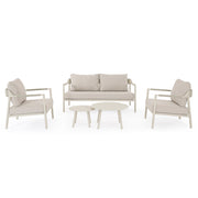 Kortárs, bézs alumíniumból készült,  kerti ülőgarnitúra homokszínű ülő- és hátpárnákkal.