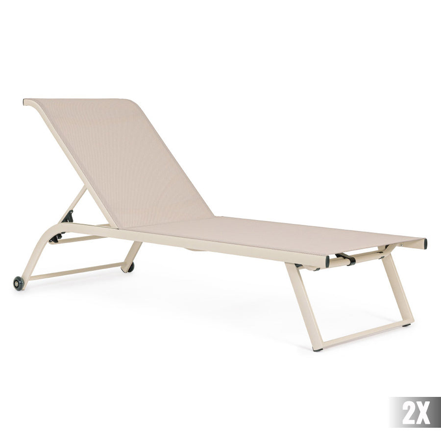 2 darab kortárs, dönthető, bézs színű, alumíniumból kerti napozóágy textilén felülettel