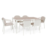 Kalimera 7 darabos fehér alumínium kerti étkezőgarnitúra bézs párnás székekkel – teljes szett nézet