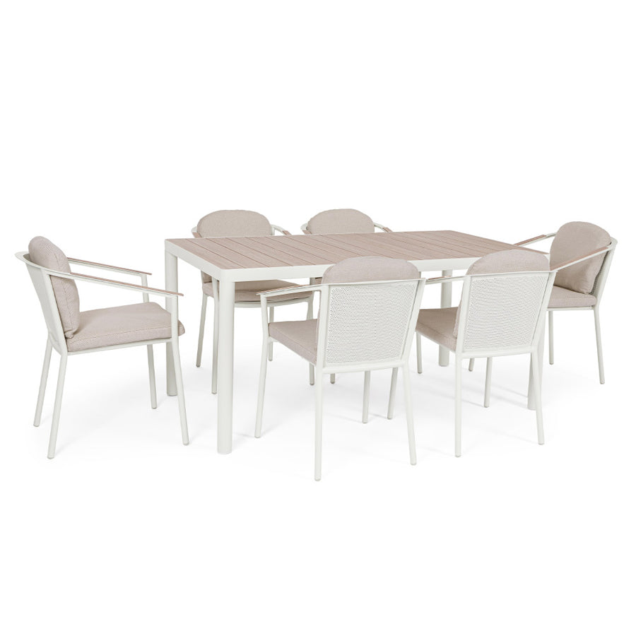 Kalimera 7 darabos fehér alumínium kerti étkezőgarnitúra bézs párnás székekkel – teljes szett nézet