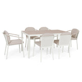Kalimera 7 darabos fehér alumínium kerti étkezőgarnitúra bézs párnás székekkel – teljes szett nézet