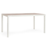 Kalimera fehér alumínium kerti étkezőasztal fahatású asztallappal – perspektivikus nézet