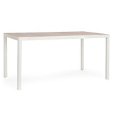 Kalimera fehér alumínium kerti étkezőasztal fahatású asztallappal – perspektivikus nézet