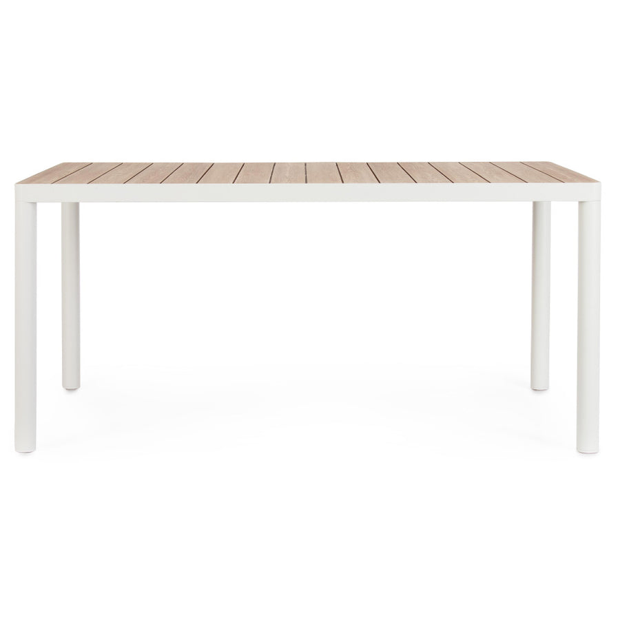 Kalimera kerti étkezőasztal fahatású alumínium asztallappal – frontális nézet