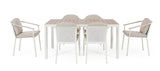 Kalimera 7 darabos kültéri étkezőgarnitúra fehér vázzal és bézs székekkel – szemből nézet