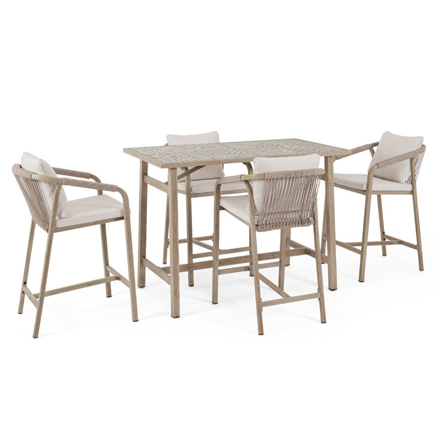 Kalimera 5 darabos mediterrán kerti bárszett porcelán mozaikos asztallappal és bézs párnás bárszékekkel – teljes szett nézet