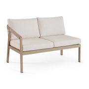 Kalimera kétszemélyes kültéri kanapé törtfehér olefin párnákkal és fahatású alumínium vázzal perspektivikus nézet