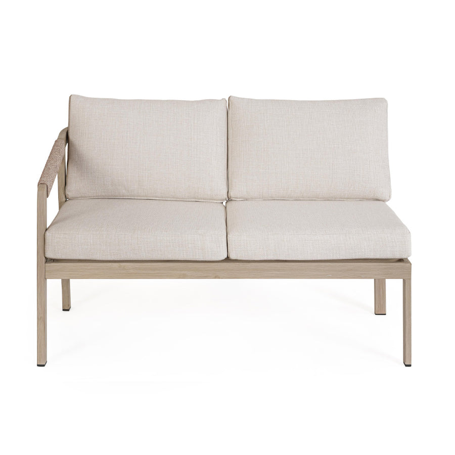 Kalimera kétszemélyes kültéri kanapé törtfehér olefin párnákkal és fahatású alumínium vázzal frontális nézet