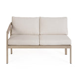 Kalimera kétszemélyes kültéri kanapé törtfehér olefin párnákkal és fahatású alumínium vázzal frontális nézet