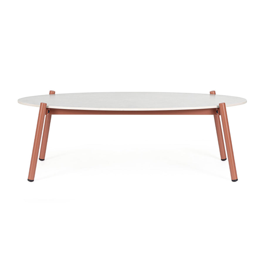 Miravet kültéri dohányzóasztal fehér szinterezett kő asztallappal front nézetből