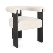 Skandináv stílusú, fekete színű kaucsukfa karosszék, fehér színű, buklé szövetkárpittal