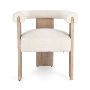 Skandináv stílusú, natúr színű kaucsukfa karosszék, fehér színű, buklé szövetkárpittal