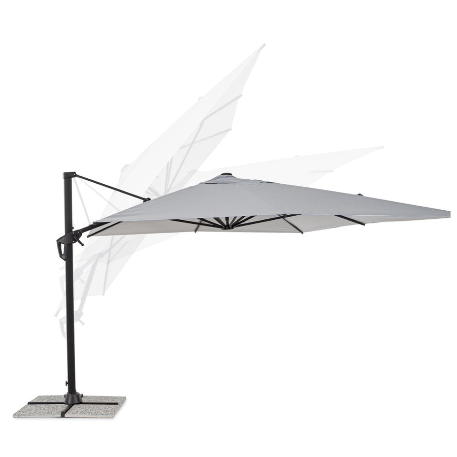 Eloxált alumíniumvázas prémium napernyő, halványszürke polieszter ponyvával, és 360°-os elforgathatósággal.
