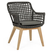 Kortárs stílusú, alumínium vázas, fekete színű kerti szék rostfonatokkal és natúr színű teakfa lábakkal