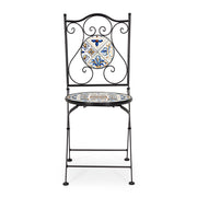 mediterrán stílusú, fekete színű, kerti szék kék és okker sárga színű, kerámia berakásokkal