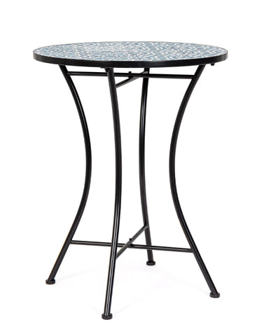 Mediterrán stílusú, fekete színű, fém kerti asztal kék színű, kerámia berakásokkal