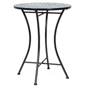 Mediterrán stílusú, fekete színű, fém kerti asztal kék színű, kerámia berakásokkal