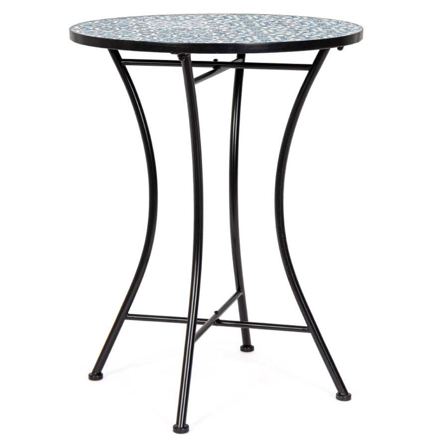 Mediterrán stílusú, fekete színű, fém kerti asztal kék színű, kerámia berakásokkal