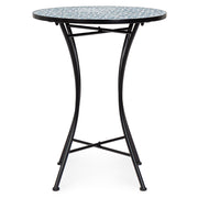 Mediterrán stílusú, fekete színű, fém kerti asztal kék színű, kerámia berakásokkal