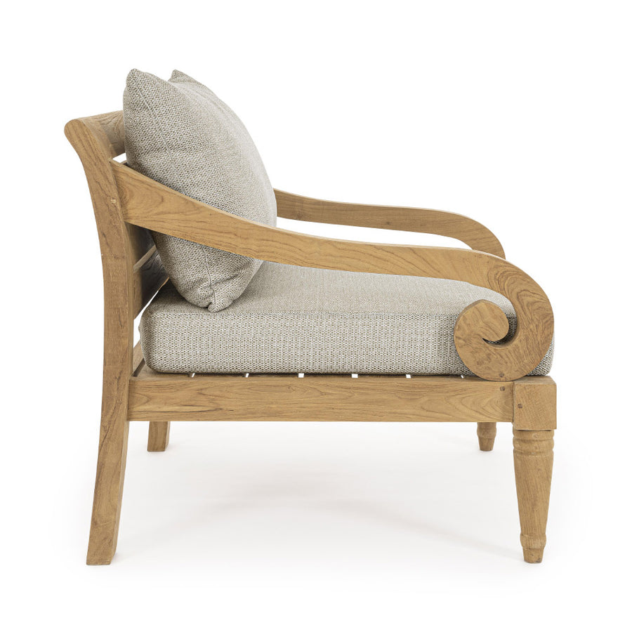 keleti stílusú teakfa fotel szürke UV-álló párnákkal