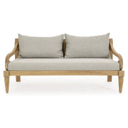 orientál stílusú, 3 személyes teakfa kanapé homokszínű UV-álló párnákkal