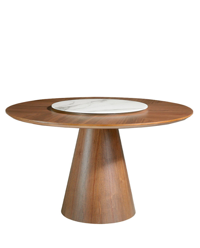 Kortárs stílusú, diófa furnérral borított, dizájn étkezőasztal forgatható porcelán betéttel.