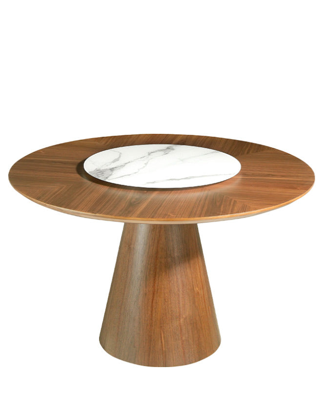 Kortárs stílusú, diófa furnérral borított, dizájn étkezőasztal forgatható porcelán betéttel.