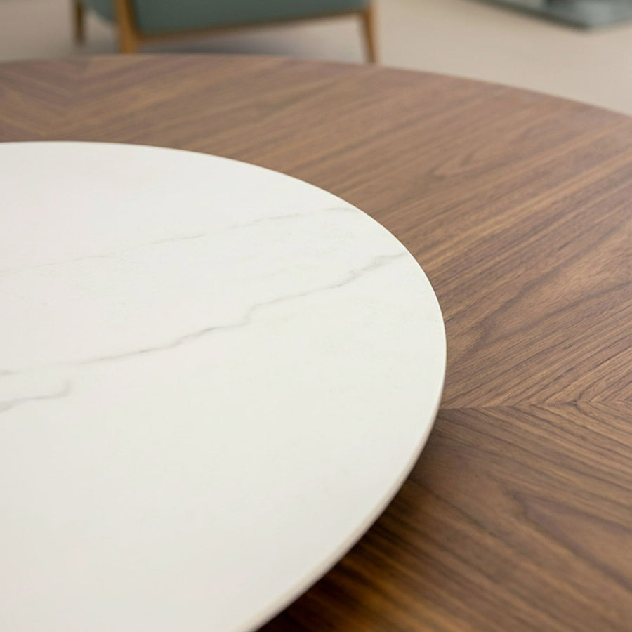 Kortárs stílusú, diófa furnérral borított, dizájn étkezőasztal forgatható porcelán betéttel