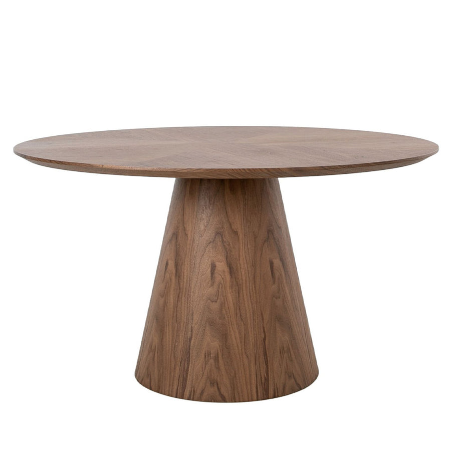 Kortárs stílusú, diófa furnérral borított, dizájn étkezőasztal forgatható porcelán betéttel