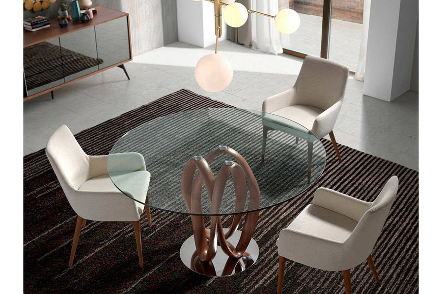 Kortárs stílusú, kőrisfából készült, dizájn étkezőasztal edzett üveglappal.