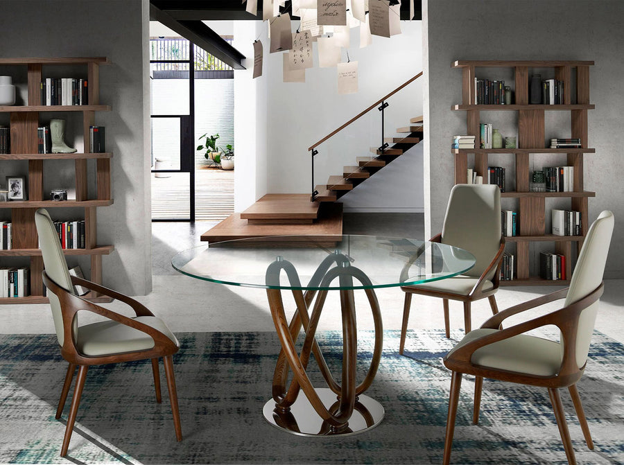 Kortárs stílusú, kőrisfából készült, dizájn étkezőasztal edzett üveglappal.