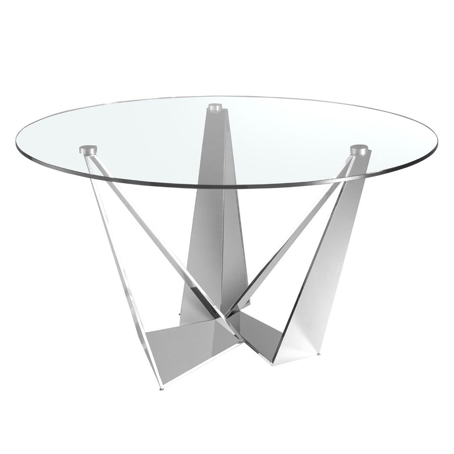Kortárs stílusú, krómszínű, acélból készült, dizájn étkezőasztal edzett üveglappal.
