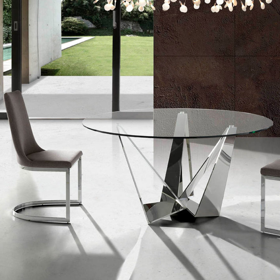 Kortárs stílusú, krómszínű, acélból készült, dizájn étkezőasztal edzett üveglappal.