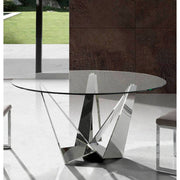 Kortárs stílusú, krómszínű, acélból készült, dizájn étkezőasztal edzett üveglappal.